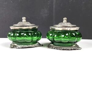 Vintage Indian Green Crackle Glass Candle Holder with Ornate Silver-Tone Lid